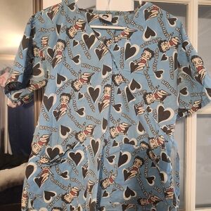 Betty Boop Blue Heart Print Women's Scrub Top